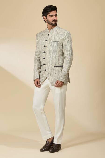 Buy_Ankita Shahabadi_Black Jersey Textured Woven Bandhgala _Online_at_Aza_Fashions