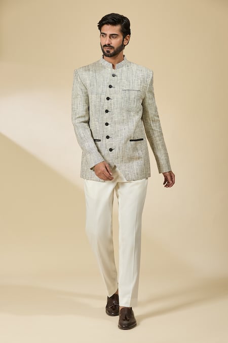 Shop_Ankita Shahabadi_Black Jersey Textured Woven Bandhgala _Online_at_Aza_Fashions