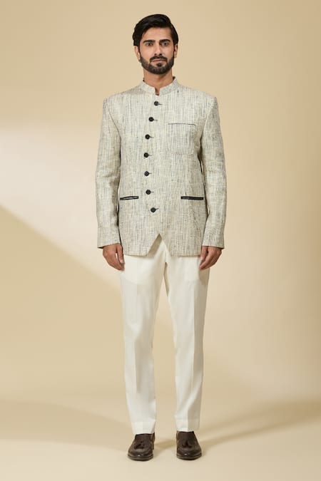 Ankita Shahabadi_Black Jersey Textured Woven Bandhgala _at_Aza_Fashions