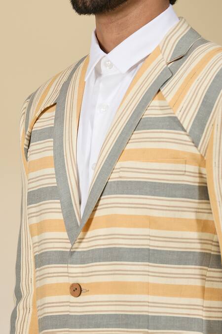 Ankita Shahabadi_Blue Linen Stripe Print Blazer _Online_at_Aza_Fashions