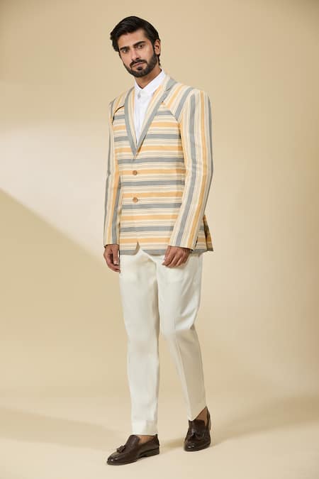 Buy_Ankita Shahabadi_Blue Linen Stripe Print Blazer _Online_at_Aza_Fashions