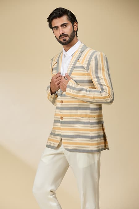 Shop_Ankita Shahabadi_Blue Linen Stripe Print Blazer _Online_at_Aza_Fashions