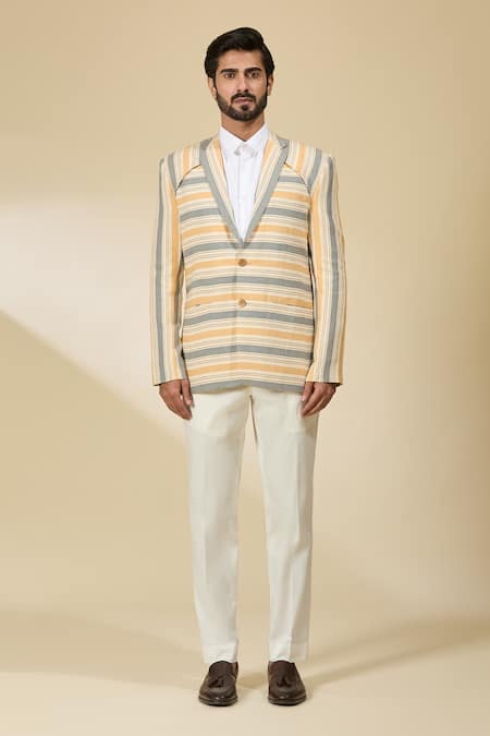 Ankita Shahabadi_Blue Linen Stripe Print Blazer _at_Aza_Fashions