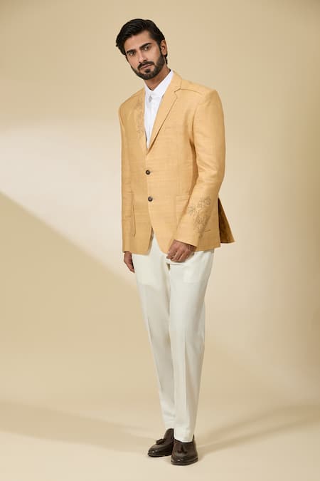 Ankita Shahabadi_Yellow Linen Embroidery Floral Blazer _Online_at_Aza_Fashions
