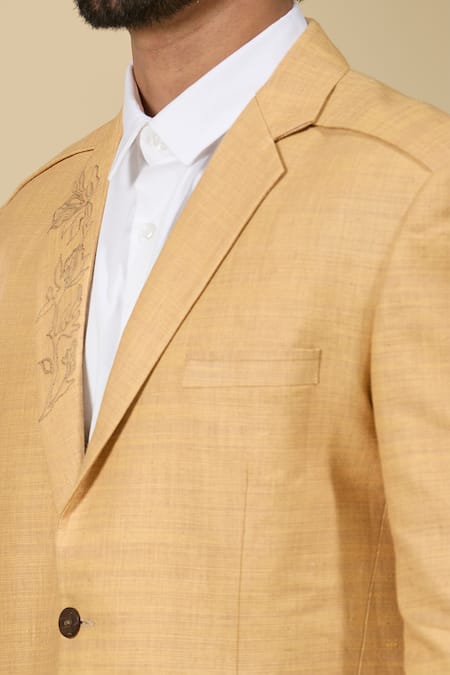 Buy_Ankita Shahabadi_Yellow Linen Embroidery Floral Blazer _Online_at_Aza_Fashions