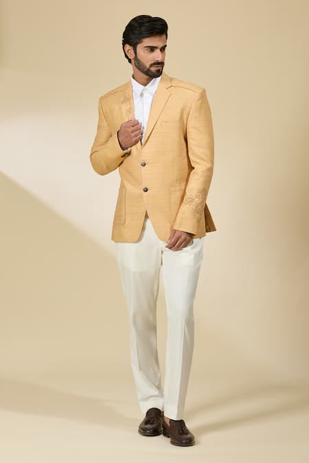 Shop_Ankita Shahabadi_Yellow Linen Embroidery Floral Blazer _Online_at_Aza_Fashions