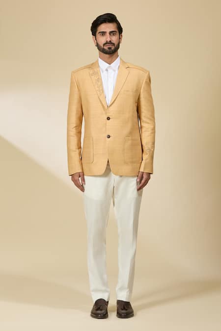 Ankita Shahabadi_Yellow Linen Embroidery Floral Blazer _at_Aza_Fashions