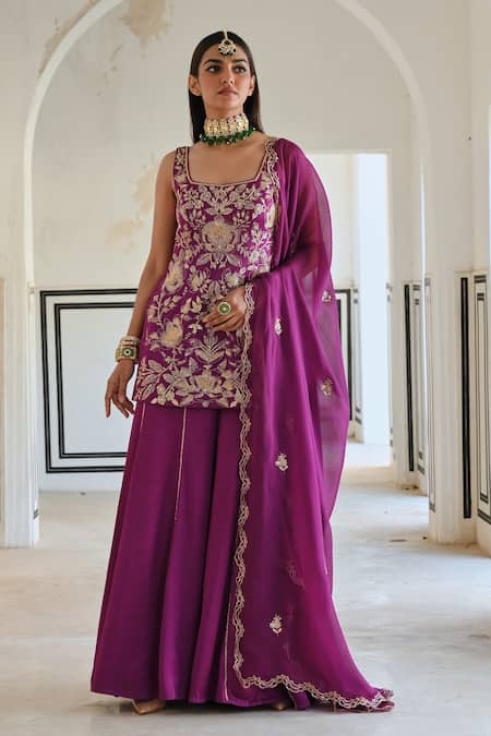 EASE_Purple Satin, Viscose Cut Work, Sequins, Zari Flower Jaal Embroidered Kurta Set _Online_at_Aza_Fashions