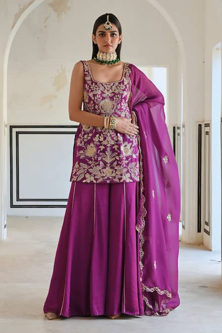 Buy_EASE_Purple Satin, Viscose Cut Work, Sequins, Zari Flower Jaal Embroidered Kurta Set _Online_at_Aza_Fashions