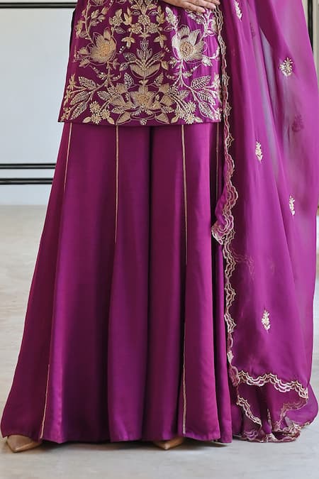 Shop_EASE_Purple Satin, Viscose Cut Work, Sequins, Zari Flower Jaal Embroidered Kurta Set _Online_at_Aza_Fashions