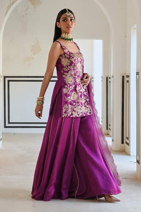 EASE_Purple Satin, Viscose Cut Work, Sequins, Zari Flower Jaal Embroidered Kurta Set _at_Aza_Fashions