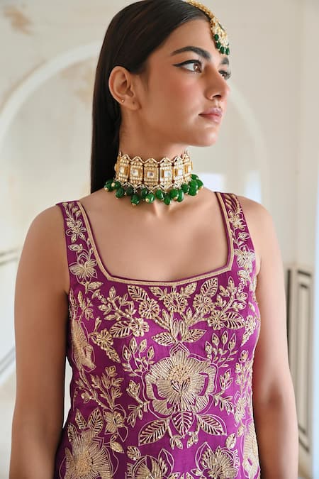 Buy_EASE_Purple Satin, Viscose Cut Work, Sequins, Zari Flower Jaal Embroidered Kurta Set 