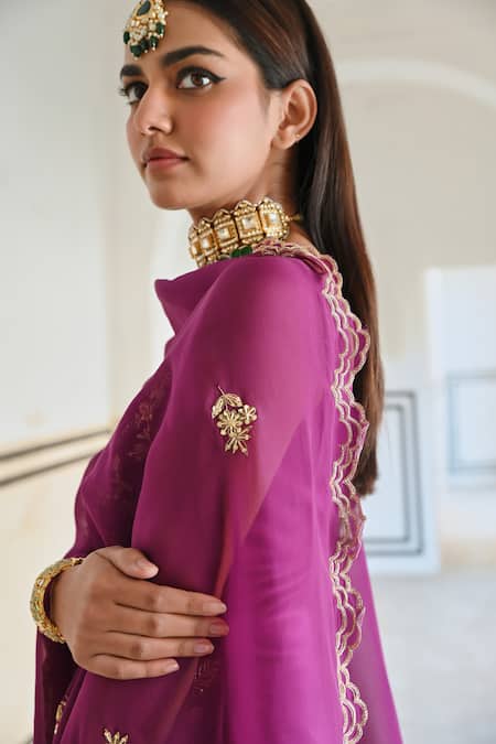 Shop_EASE_Purple Satin, Viscose Cut Work, Sequins, Zari Flower Jaal Embroidered Kurta Set 