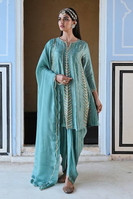 EASE_Blue Silk, Viscose Cut Work, Sequins Split Leaf Stripe Embroidered Kurta Set _Online_at_Aza_Fashions