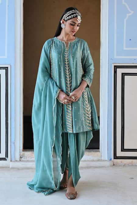 Buy_EASE_Blue Silk, Viscose Cut Work, Sequins Split Leaf Stripe Embroidered Kurta Set _Online_at_Aza_Fashions