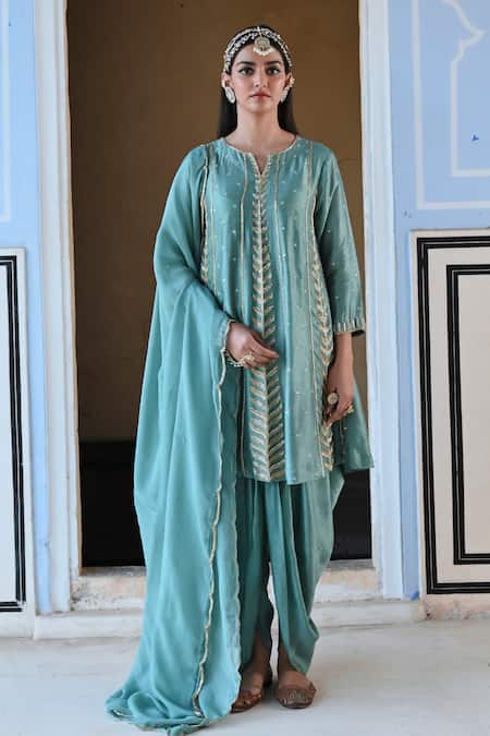 Shop_EASE_Blue Silk, Viscose Cut Work, Sequins Split Leaf Stripe Embroidered Kurta Set _Online_at_Aza_Fashions