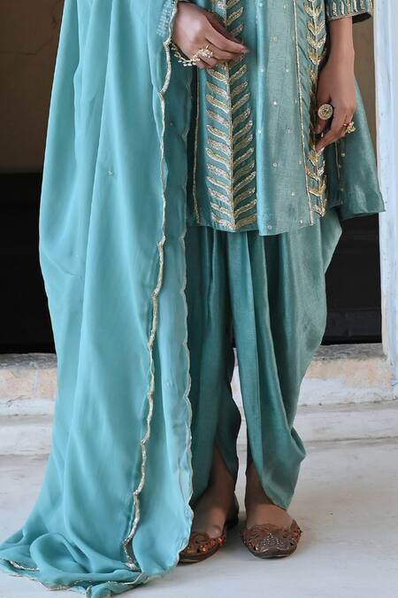 EASE_Blue Silk, Viscose Cut Work, Sequins Split Leaf Stripe Embroidered Kurta Set _at_Aza_Fashions