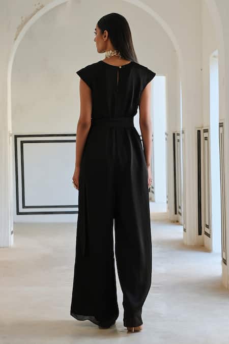 EASE Flared Black Sequin Embroidered Jumpsuit 