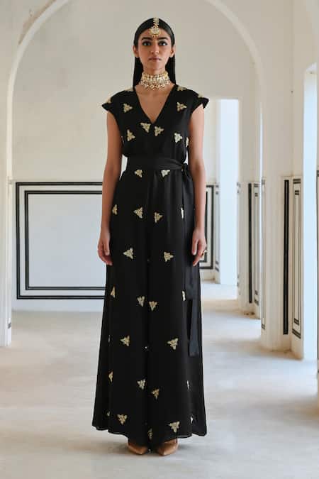 EASE_Black Viscose, Organza Sequins, Zari V-neck Flared Embroidered Jumpsuit _Online_at_Aza_Fashions