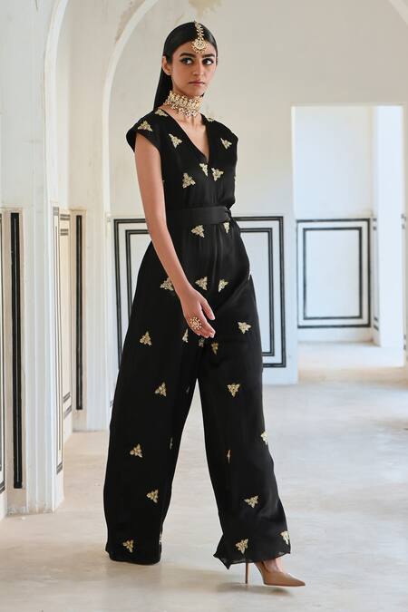 Buy_EASE_Black Viscose, Organza Sequins, Zari V-neck Flared Embroidered Jumpsuit _Online_at_Aza_Fashions