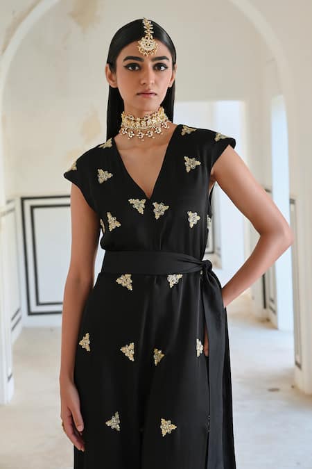 Shop_EASE_Black Viscose, Organza Sequins, Zari V-neck Flared Embroidered Jumpsuit _Online_at_Aza_Fashions