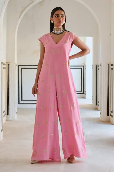 EASE_Pink Viscose, Organza Sequins, Zari V-neck Geometric Butti Embroidered Jumpsuit _Online_at_Aza_Fashions