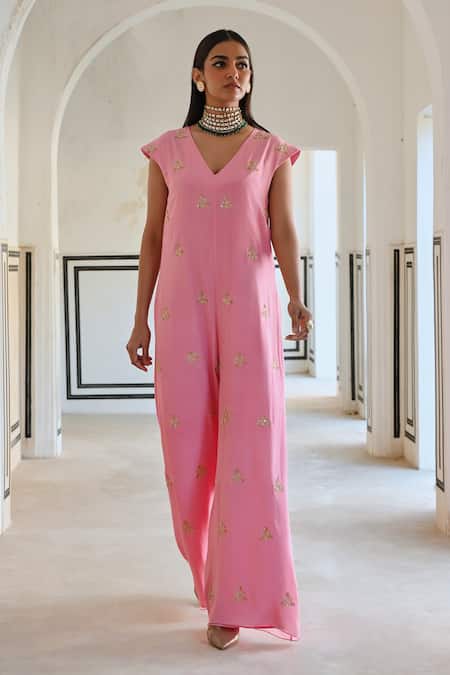Buy_EASE_Pink Viscose, Organza Sequins, Zari V-neck Geometric Butti Embroidered Jumpsuit _Online_at_Aza_Fashions