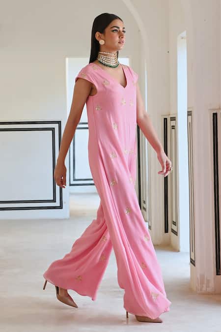 Shop_EASE_Pink Viscose, Organza Sequins, Zari V-neck Geometric Butti Embroidered Jumpsuit _Online_at_Aza_Fashions