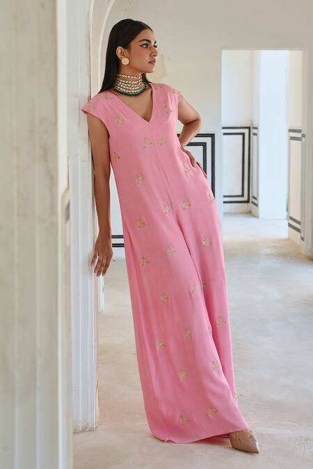 EASE_Pink Viscose, Organza Sequins, Zari V-neck Geometric Butti Embroidered Jumpsuit _at_Aza_Fashions