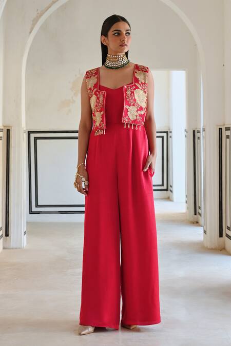 EASE_Red Satin Zari, Embroidery V-neck, Collared Jacket And Jumpsuit _Online_at_Aza_Fashions