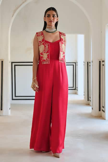 Buy_EASE_Red Satin Zari, Embroidery V-neck, Collared Jacket And Jumpsuit _Online_at_Aza_Fashions