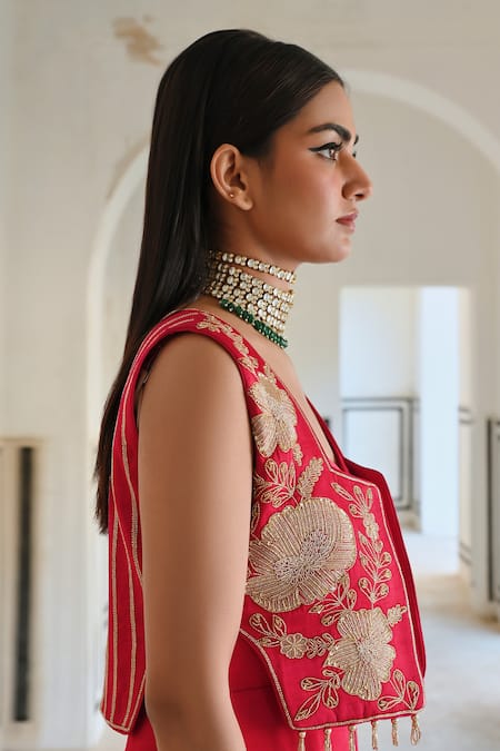 Buy_EASE_Red Satin Zari, Embroidery V-neck, Collared Jacket And Jumpsuit 