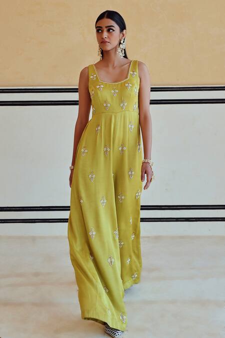 EASE Green Satin Sequins, Zari Square Neck Floral Zardozi Embroidered Jumpsuit Online at Aza Fashions EASE_Green Satin Sequins, Zari Square Neck Floral Zardozi Embroidered Jumpsuit _Online_at_Aza_Fashions