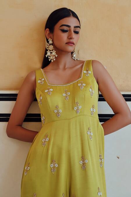 Shop EASE Green Satin Sequins, Zari Square Neck Floral Zardozi Embroidered Jumpsuit Online at Aza Fashions Shop_EASE_Green Satin Sequins, Zari Square Neck Floral Zardozi Embroidered Jumpsuit _Online_at_Aza_Fashions