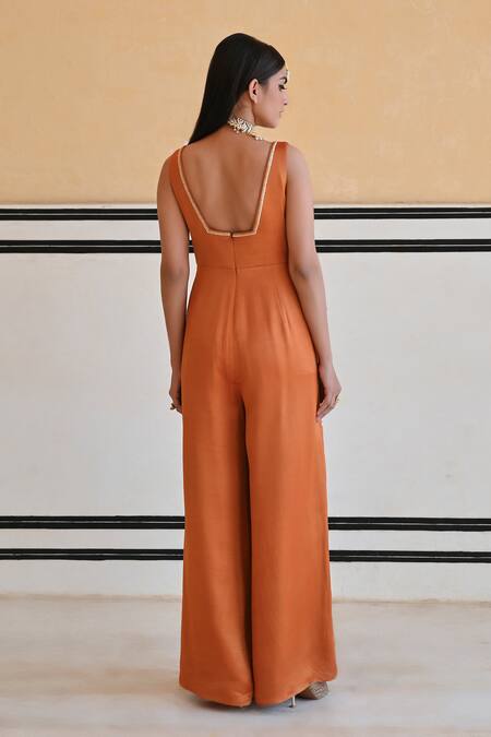 Shop_Ease_Orange Satin Sequins, Zari Square Neck Floral Zardozi Embroidered Jumpsuit _at_Aza_Fashions