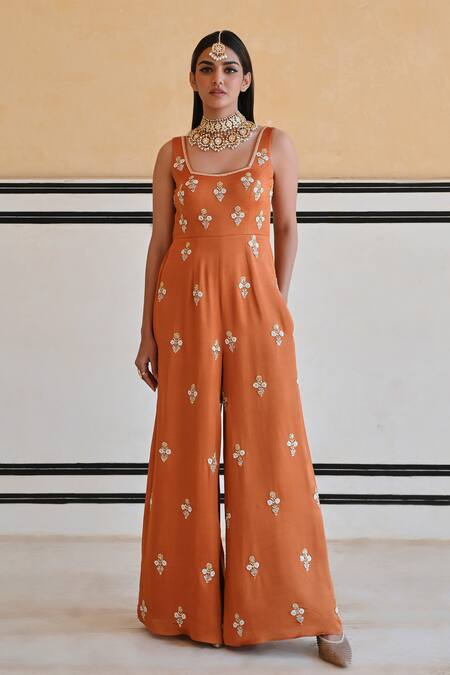 Ease_Orange Satin Sequins, Zari Square Neck Floral Zardozi Embroidered Jumpsuit _Online_at_Aza_Fashions