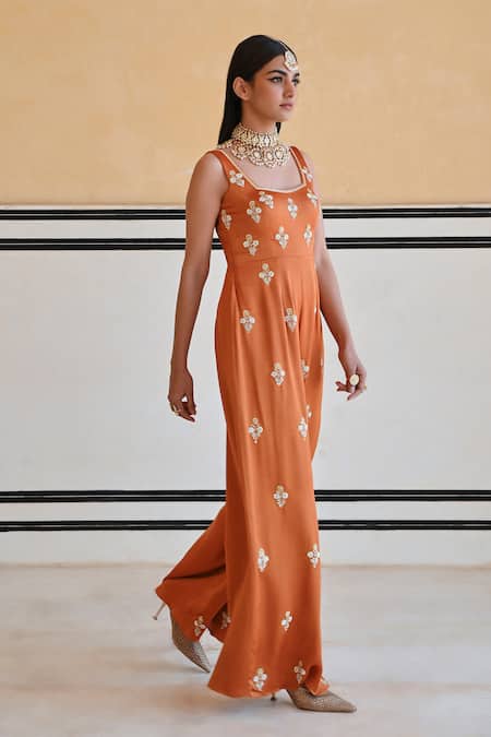 Buy_Ease_Orange Satin Sequins, Zari Square Neck Floral Zardozi Embroidered Jumpsuit _Online_at_Aza_Fashions