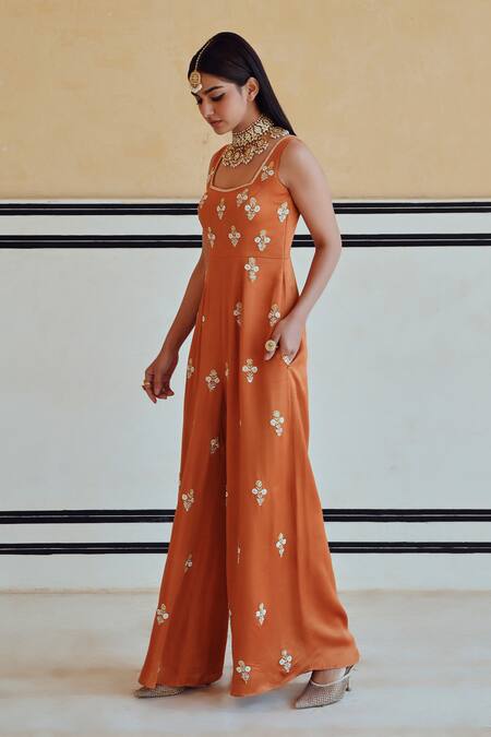 Shop_Ease_Orange Satin Sequins, Zari Square Neck Floral Zardozi Embroidered Jumpsuit _Online_at_Aza_Fashions