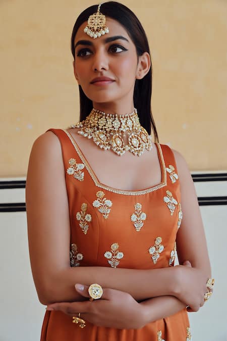 Ease_Orange Satin Sequins, Zari Square Neck Floral Zardozi Embroidered Jumpsuit _at_Aza_Fashions