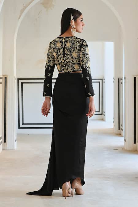 EASE Big Flower Jaal Embroidered Crop Top & Skirt 