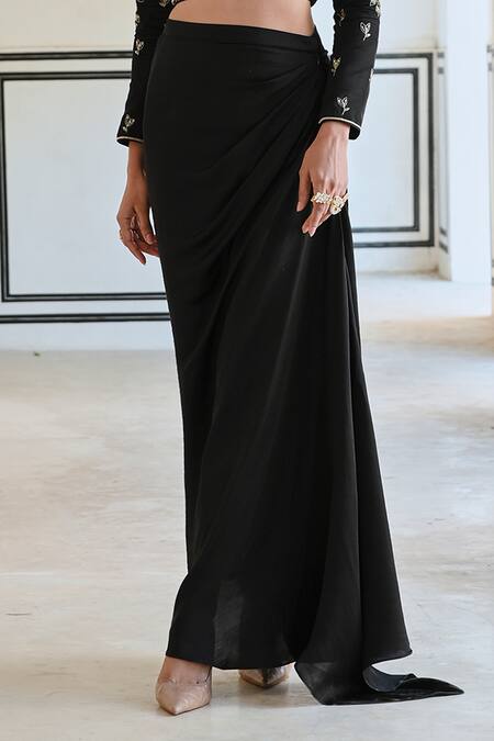 EASE_Black Satin Sequins, Zari Round Big Flower Jaal Embroidered Crop Top And Skirt _Online_at_Aza_Fashions