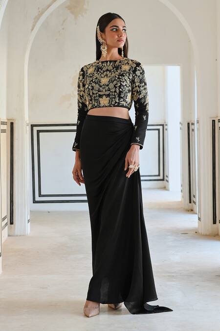 Buy_EASE_Black Satin Sequins, Zari Round Big Flower Jaal Embroidered Crop Top And Skirt _Online_at_Aza_Fashions