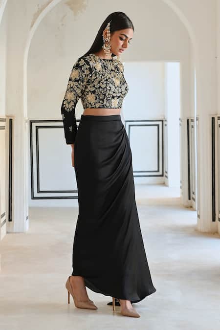 Shop_EASE_Black Satin Sequins, Zari Round Big Flower Jaal Embroidered Crop Top And Skirt _Online_at_Aza_Fashions