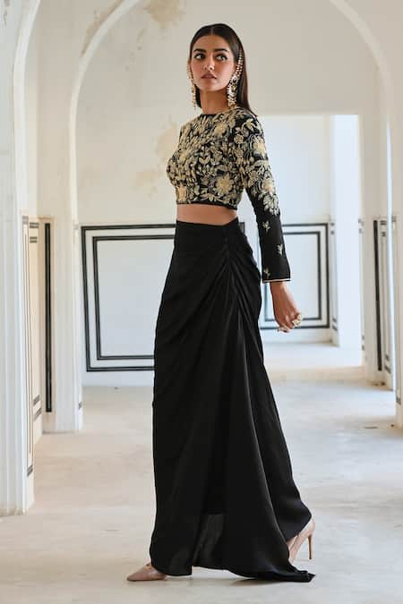 EASE_Black Satin Sequins, Zari Round Big Flower Jaal Embroidered Crop Top And Skirt _at_Aza_Fashions