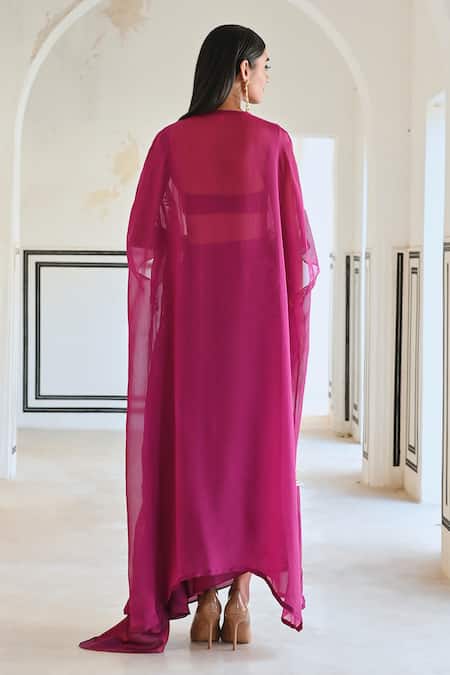 Shop Ease Magenta Silk, Viscose Sequins, Zari Sweetheart Neck, Embroidered Cowl Skirt Set at Aza Fashions Shop_Ease_Magenta Silk, Viscose Sequins, Zari Sweetheart Neck, Embroidered Cowl Skirt Set _at_Aza_Fashions