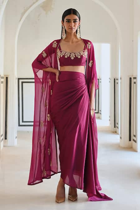 Ease Magenta Silk, Viscose Sequins, Zari Sweetheart Neck, Embroidered Cowl Skirt Set Online at Aza Fashions Ease_Magenta Silk, Viscose Sequins, Zari Sweetheart Neck, Embroidered Cowl Skirt Set _Online_at_Aza_Fashions