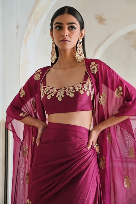 Shop Ease Magenta Silk, Viscose Sequins, Zari Sweetheart Neck, Embroidered Cowl Skirt Set Online at Aza Fashions Shop_Ease_Magenta Silk, Viscose Sequins, Zari Sweetheart Neck, Embroidered Cowl Skirt Set _Online_at_Aza_Fashions
