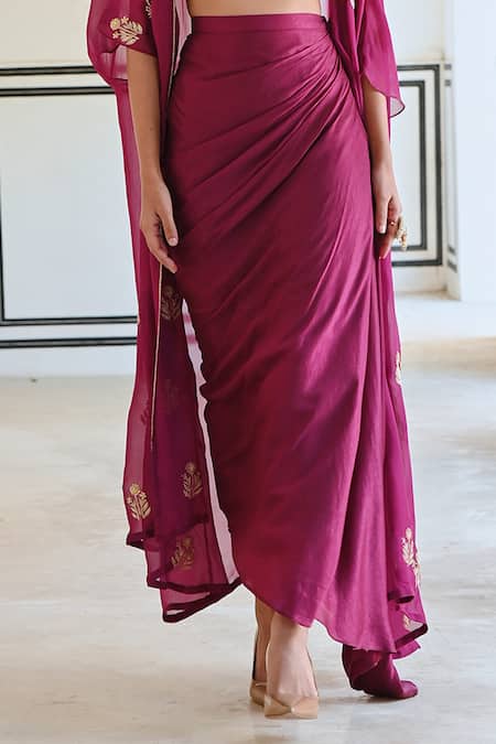 Ease Magenta Silk, Viscose Sequins, Zari Sweetheart Neck, Embroidered Cowl Skirt Set at Aza Fashions Ease_Magenta Silk, Viscose Sequins, Zari Sweetheart Neck, Embroidered Cowl Skirt Set _at_Aza_Fashions