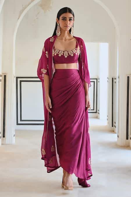 Buy Ease Magenta Silk, Viscose Sequins, Zari Sweetheart Neck, Embroidered Cowl Skirt Set Buy_Ease_Magenta Silk, Viscose Sequins, Zari Sweetheart Neck, Embroidered Cowl Skirt Set
