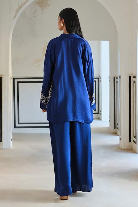 EASE Embroidered Blue Blazer Palazzo Set 